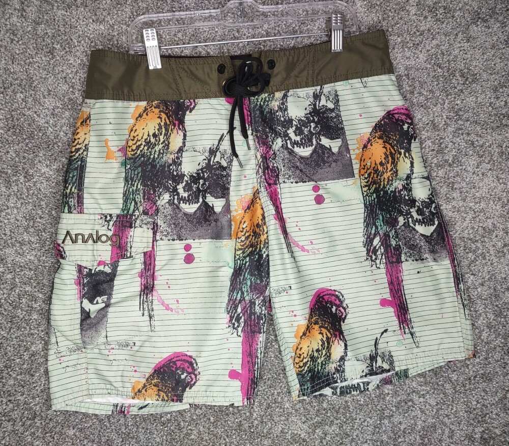 Analog Boardshorts Men 30 Multicolor Pink Skulls Parrot Motif Swim Surf Trunks